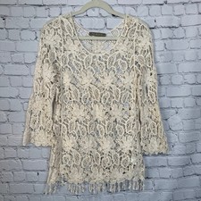 Finn & Clover Boho Cottage Crochet Lace Tunic w/ Fringe Hem M picture