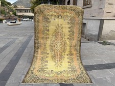 Mustard Yellow Turkish Rug 5.6x9.5 ft Vintage Wool Distressed Floral Carpet picture