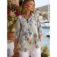 Chico's No Iron Tunic Blouse Women Size 2 L Blue Floral Paisley 100% Linen picture