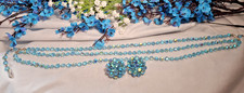 Vintage Vogue Blue AB Crystal 3 Strand Necklace Signed Clip Earrings Set picture