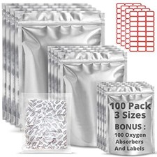 100pcs 5 mil Mylar Bags for Food Storage with Oxygen Absorbers 300cc and Labels picture