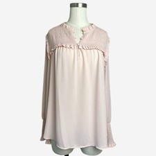 Loft NWT pink smocked yoke ruffle long sleeve blouse cottagecore whimsical L picture