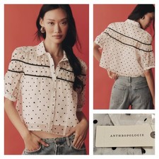 ANTHROPOLOGIE Maeve The Leandra Shirred Yoke Blouse Black & White M NWT $128 picture
