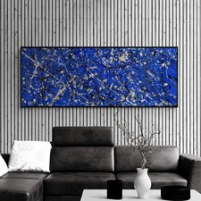 XXXL Jackson Pollock Style Cobalt Blue Black Panoramic Abstract Painting 118x39 picture