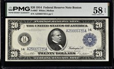 1914 $20 FEDERAL RESERVE NOTE BOSTON FR 967 PMG AU58 EPQ - POP OF 2 picture