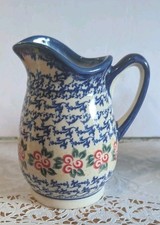 Polish Pottery VENA Unikat Creamer Pitcher Signed Mankowska Floral Blue Red Rose picture