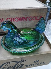 Iridescent Emerald Green Carnival Glass Hen On Nest  7