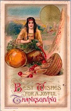 Vintage 1910 Schmucker Indian Winsch Girl, Harvest, Turkey Thanksgiving Postcard picture