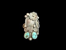 Vintage Signed Native American Sterling Silver Double Turquoise Ring Size:8 picture