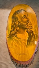 Vintage Decoupage. Jesus 1942 Lithograph  on 17” x 9” Thick Wood Slice.  1942 picture
