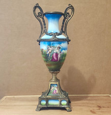 Antique Porcelain French Vase with Hand Painted Cherubs and Brass Gildings 16