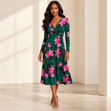 Maggy London Twist Front Floral Midi Dress Long Sleeve Green Pink Wedding Guest picture