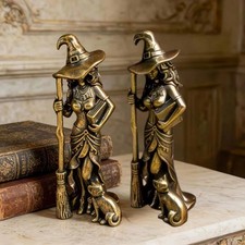 Vintage Brass Witch Statue Broomstick Book Collectible Home Decor picture
