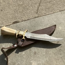 BEAUTIFUL CUSTOM HAND MADE DAMASCUS STEEL HUNTING BOWIE KNIFE HANDLE CAMEL BONE picture