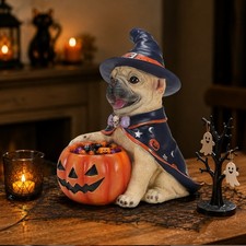 Halloween French Bulldog Witch Puppy Figurine Pumpkin Candy Bowl Decoration picture