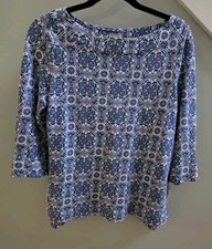 T by Talbots Women’s Small Blue Teal Medallion Print 3/4 Sleeve Cotton Top Boat picture