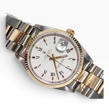 W/Service Papers Rolex Date 34 mm Two Tone White Roman Watch 15200 E Series 1990 picture