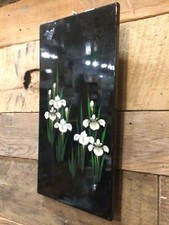 Vintage Antique Midcentury Modern Black Lacquer Iris Flower Plaque Wall Art  picture
