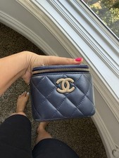 CHANEL Blue Quilted Mini Vanity Case Crossbody Chain Strap Zip Gold Hardware picture