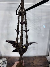 Vintage 1970s Boho Macrame Hanging Bird Planter Pot Holder picture