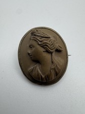 Antique Volcanic Lava Stone Cameo Brooch Victorian Era Left Facing Carved Read picture