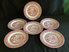 6 Vintage Willow Ware Royal China Red & White Pink 9” Wide Salad Or Dinner Plate picture