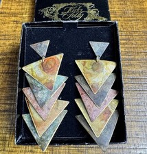 VTG Kirks Folly Mixed Metal Tiered Triangle Dangle Earrings Boho Brutalist Layer picture