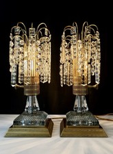Pair Vintage Hollywood Regency Crystal Waterfall Boudoir Lamps Etched Prisms picture