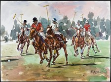 Original 1990 Watercolor Polo Players Signed Equestrian Canson France 29.5x21.75 picture