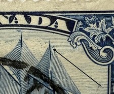 Canada #158iii 1929 50c Bluenose “Man on the mast”Plate Flaw,Used/VF; $2,000 UCV picture