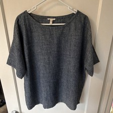 Eileen Fisher Women’s Blue Solid Woven Hemp/Organic Cotton Boat Neck Blouse L picture