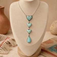 White Creek Turquoise Navajo Style Heart Stone Lariat Necklace Sterling Silver  picture