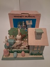Vintage Whimsy Musical Wooden Easter Bunny Box Moving Wind Up Mechanical Toy picture