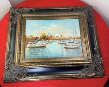 Original Sailing Ship Harbor Oil Painting Grand Victorian Gold Gilt Frame COA picture