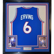 Framed Autographed/Signed Julius Erving Dr. J 35x39 Blue Jersey JSA COA #2 picture