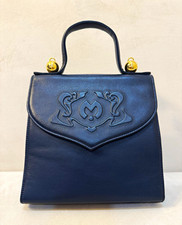 Vintage Mila Schön Italian Leather Top Handle Bag Navy Gold Hardware Structured picture