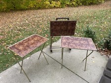 **Vintage MCM 4  Faux Wood Parquet Metal TV TRAY TABLES & ROLLING STAND picture
