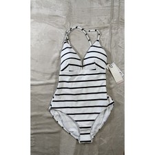 CALIA NWT Womens 6 One Piece Swimsuit White Blue Stripe Tummy Control Strappy picture