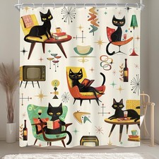 Mid Century Black Cat Vintage Bathroom Shower Curtain 60W x 71L Cat Decor picture