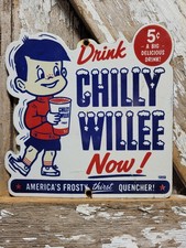 VINTAGE CHILLY WILLIE PORCELAIN SIGN RARE OLD FROZEN KIDS DRINK COLA SODA POP picture