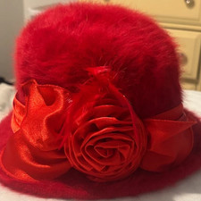 Red 50% Angora Blend Cloche Hat 1920s Flapper Satin Rose Women Winter OS picture