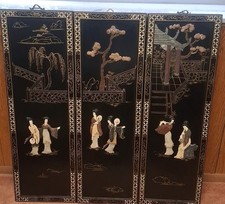 Stunning Asian Vintage Black Lacquer  Hand-Carved Soapstone Wall Panels ✨ picture
