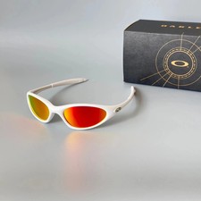 Oakley Eye Jacket 1.0 White Frame Fire Red Iridium Lenses Vintage Sunglasses picture