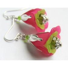 Ladies Pink Flower Acrylic Silver Dangle Earrings, Floral Fashion, Handmade picture