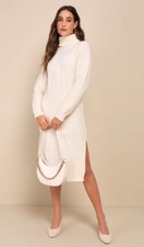 NWT Lulus Snuggly Forecast Cream Cable Knit Turtleneck Sweater Midi Dress Sz XL picture
