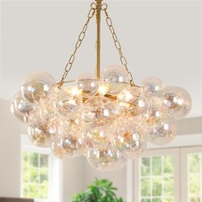 Modern 6-Light Brass Globe Chandelier Ribbed Glass Pendant Ceiling Light picture