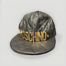 MOSCHINO Jeremy Scott Quilted Black Leather Logo Baseball Cap Hat Gold Letters M picture