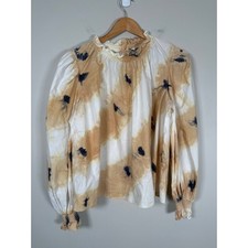 SEA New York Tamara White Cream Tie Dye Long Puff Sleeve Mock Neck Blouse Medium picture