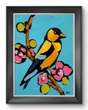 Yellow Songbird Blossom Painting Original Bird Art 9x12 Acrylic by R Stevens picture