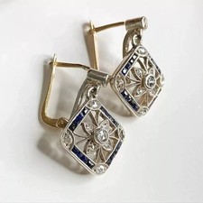 Art Deco Style Lab Created Diamond Blue Sapphire 14k White Gold FN Earrings picture